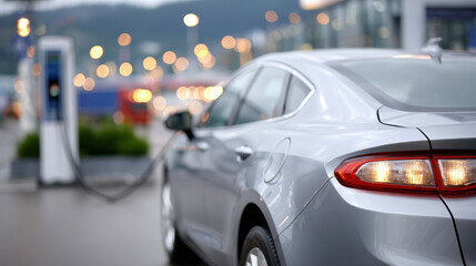 Fototapeta premium Rear side view of silver electric car plugged into charging station at dusk for sustainable transport background and eco mobility banner design