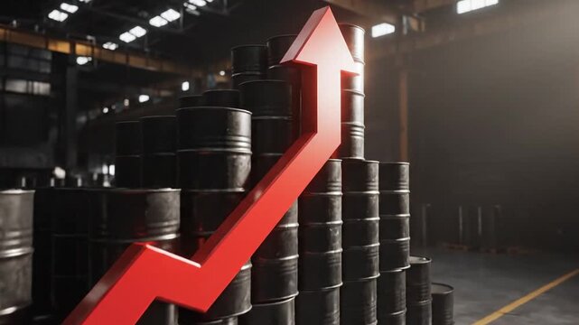 Rows of black petroleum barrels arranged in ascending order featuring a prominent red upward arrow symbolizing global oil market growth and rising energy prices in high resolution.