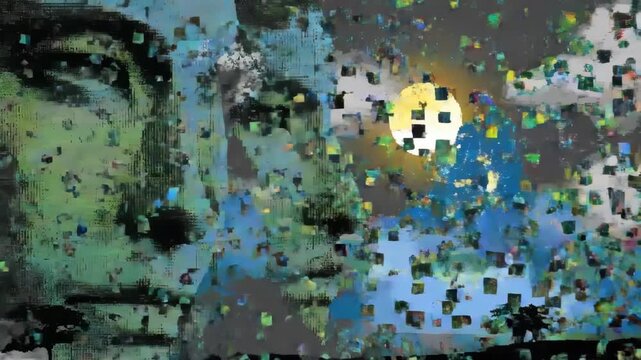 Mans profile in surreal landscape emerging with rainbow over mountain and sun. Face dissolving into colorful pixels and cubes. Digital transformation and abstract dissolution concept.
