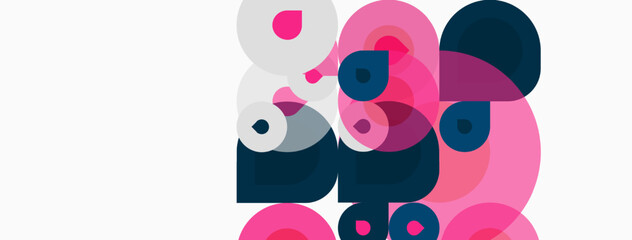 Obraz premium Abstract composition featuring overlapping circles. Pink, navy hues dominate white background. Modern, minimalist design elements present.