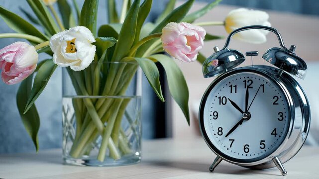 Close-Up of a Vintage Alarm Clock Next to a Vase of Fresh Tulips on a Table