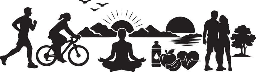 A black and white silhouette graphic representing healthy lifestyle activities and fitness wellness © MD ACHADUL ISLAM