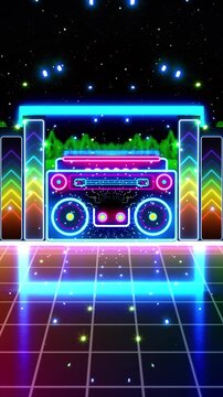 Retro 80s Neon Boombox on Grid Floor with Vibrant Synthwave Cityscape