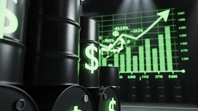 Cinematic 3D render of black crude oil barrel stacks with glowing green dollar sign symbols against a rising financial stock market graph background symbolizing energy industry economic growth.
