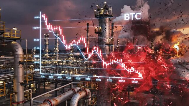 Digital Bitcoin cryptocurrency market graph showing financial downturn superimposed over industrial oil refinery plant at sunset representing global energy and economic crisis impact
