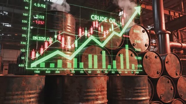 Industrial oil barrel standing against glowing digital financial stock market chart and data graph representing global energy trade economy growth and crude petroleum commodity price surge