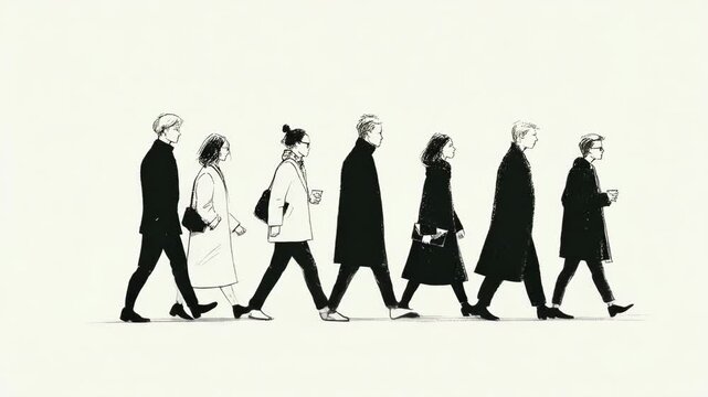 Silhouettes of men and women walking in coats. Group of pedestrians moving together in line. Urban crowd stroll illustration for motion concept.