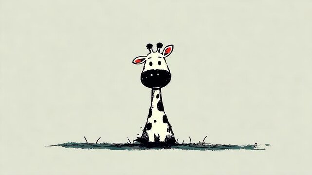 Cute cartoon giraffe standing tall then turning head curiously and sitting down relaxed. Playful animal animation sequence for children entertainment and wildlife fun.