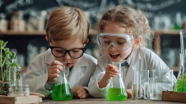 Cute pupils conduct exciting biochemistry experiments with colorful liquids in a science lab during a classroom activity