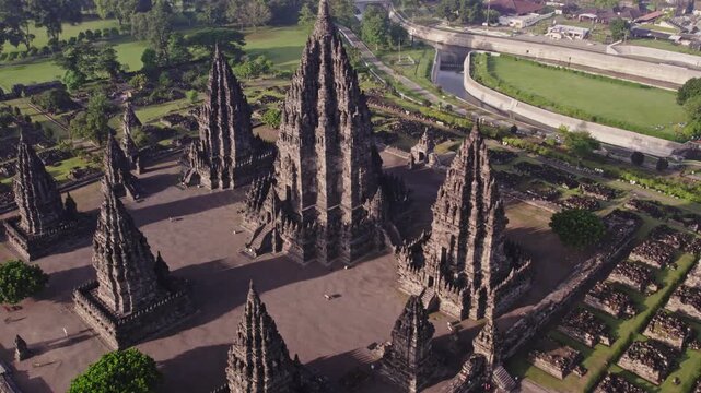 Aerial view of Prambanan temple complex with ancient hindu architecture in Yogyakarta Indonesia at sunrise
