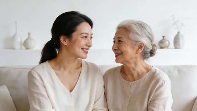 A mother and daughter on the sofa smile at each other, showing warm and healing family affection and humanistic care, making it a material image suitable for family and emotional scenarios.