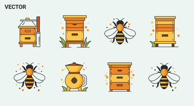 Bees and beehives in various positions.