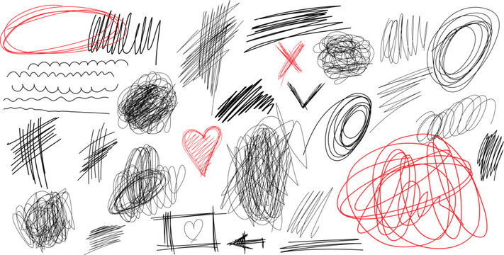 Set of messy pen scratch, hand drawn scribbles, messy pencil doodles, swirls, underlines. Black and red pen freehand chaotic squiggles, pack of design element, sign for design. Editable stroke vector