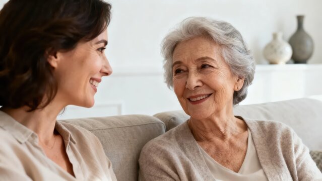 A mother and daughter on the sofa smile at each other, showing warm and healing family affection and humanistic care, making it a material image suitable for family and emotional scenarios.
