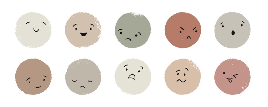 neutral emotion icon set with expressive face symbol, soft color round mood character vector collection for kids, app, classroom, social media, sticker and digital communication design
