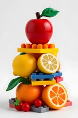 Naklejka premium a stack of assorted lego fruits including apple, lemon, and orange, playful arrangement, clean white background