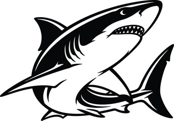 Fototapeta premium Black and white shark graphic with sharp teeth and fins