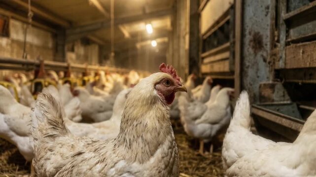 White chickens in industrial poultry farm barn with indoor livestock production
