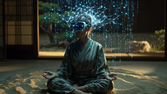 Asian monk meditating with holographic cascade inside traditional Japanese room, kimonoclad meditator sits on sand raked pattern and tatami, palms open