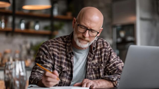 Focused senior man in glasses studies seriously at home while taking notes and using laptop in cozy, modern kitchen setting