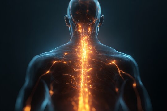Glowing energy flow passing through a human spine, neural network and back health concept