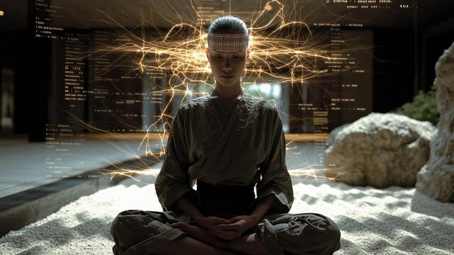 Asian monk meditating with holographic cascade inside traditional Japanese room, kimonoclad meditator sits on sand raked pattern and tatami, palms open
