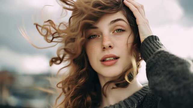 Fashion girl enjoying a sunny day outdoors while shaking her head, letting her hair flow freely against a soft breeze in a vibrant urban setting