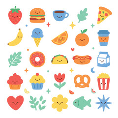 Fototapeta premium Cute Food Icons Set with Smiling Fruits, Fast Food and Snacks, Colorful Kawaii Style Flat Vector Illustration