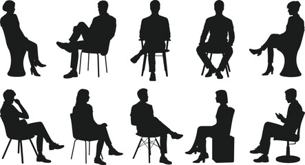 Silhouette people sitting, chair posture icons, body language illustration, modern stool design, ergonomic seating figures, communication gesture silhouettes, seated activity set © mahatabUddin