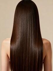 Fototapeta premium The model’s back view showcases smooth and shiny dark brown long straight hair, presenting a healthy and textured hair effect, making it a material image suitable for hair, hair quality and hairdressi