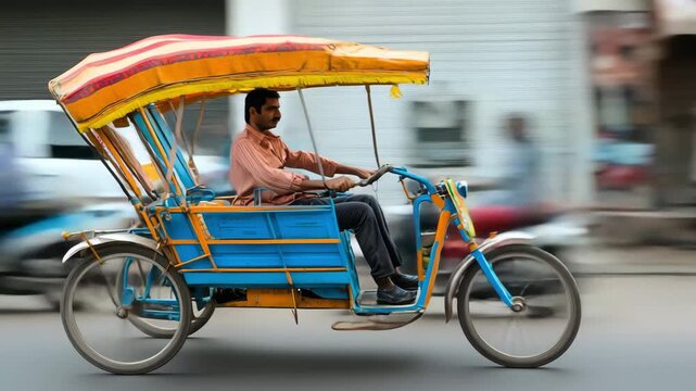 A man pedals a cycle rickshaw as he navigates a busy street filled with vehicles and pedestrians in an urban setting