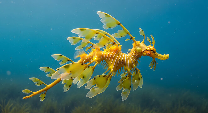 A vibrant yellow leafy seadragon swimming in the ocean with a serene background