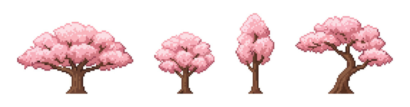 Sakura cherry blossom trees pixel art set isolated on white