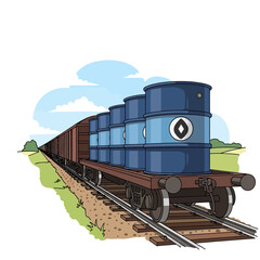 Obraz premium Blue oil barrels transported on a cargo train along railway tracks outdoors