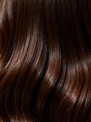 Fototapeta premium A close-up of dark brown wavy hair, clearly showing the smooth and shiny healthy texture of the hair strands, making it a material image suitable for hair, hair quality and hairdressing scenarios. 