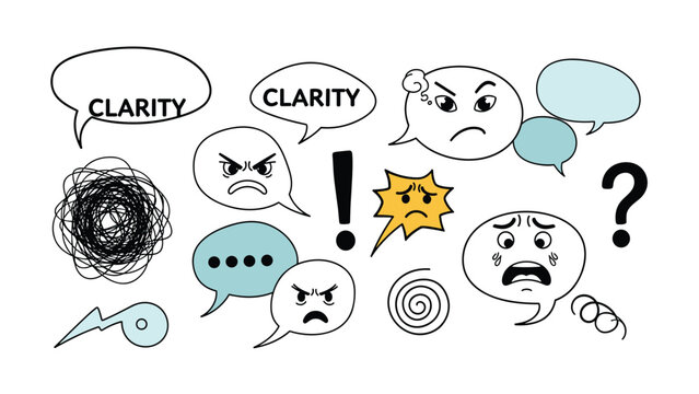 Collection of emotional speech bubbles with faces representing anger, confusion, sadness, and clarity for design work.