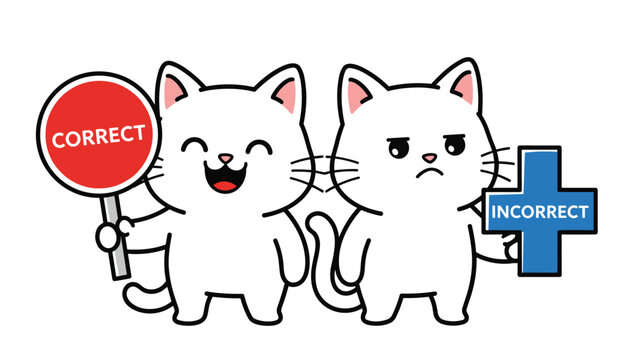 Pair of white cats holding signs for correct and incorrect answers with happy and grumpy facial expressions.