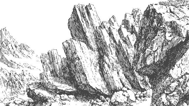 Black and white vintage mountain illustration with sharp rocky cliffs and rough terrain landscape