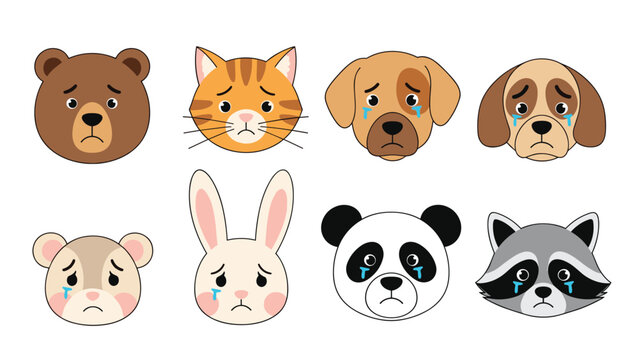 Collection of eight sad animal faces with crying eyes and teardrops including a bear, cat, dog, rabbit, and panda.