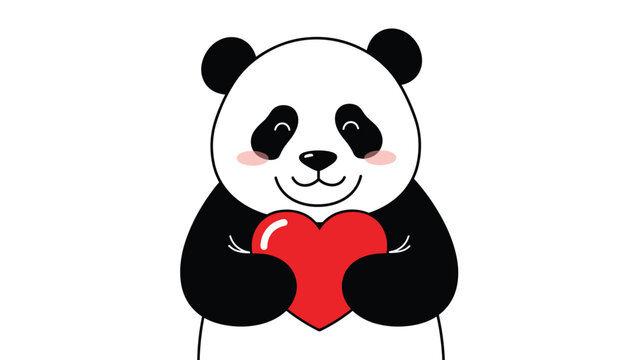 Cute panda bear smiling and holding a large red heart shape to express love and affection in a simple cartoon style illustration.
