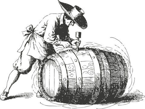 Artisan cooper shaping wooden barrel with specialized tools in traditional craftsmanship process