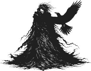 Fototapeta premium Mysterious dark figure with flowing cloak and raven on arm, gothic fantasy illustration