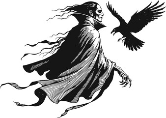 Fototapeta premium Vampire flying cloak and raven dark gothic monster with sharp claws and long hair halloween horror illustration