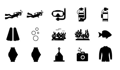 Scuba diving icon set with diver mask flippers oxygen tank and underwater equipment flat vector collection © Joyanto