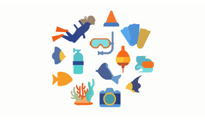 Colorful scuba diving icons with diver equipment coral reef fish and underwater elements flat vector set © Joyanto