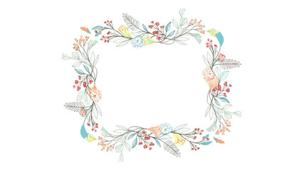 Obraz premium Delicate floral frame made of pastel flowers, green leaves, and colorful berries arranged in a square shape for cards or invitations.