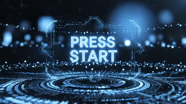 Press Start Glitch Animation 4K Video Futuristic HUD Gaming UI