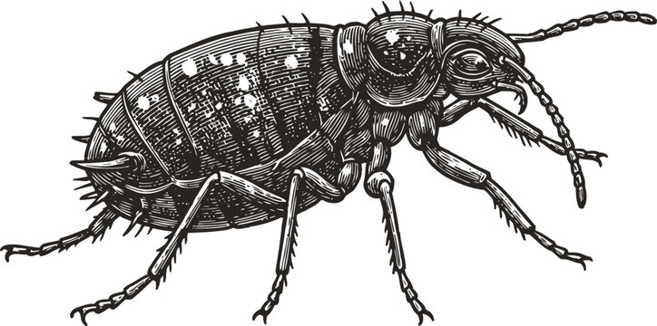 Detailed black and white drawing of a flea insect with segmented body and long legs