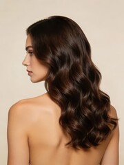 Naklejka premium The model’s side-back view showcases dark brown wavy hair under warm light, with full gloss on the strands, presenting an elegant and advanced hairdressing effect, making it a material image suitable 