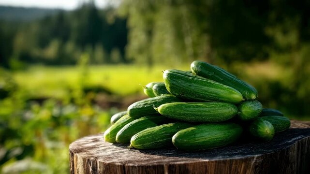 Pile of freshly harvested gherkin cucumbers on an old wooden stump in the garden